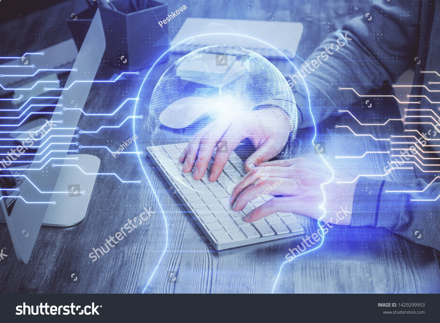 Man with computer background with brain theme hologram. Concept of brainstorm. Double exposure. #1429299953