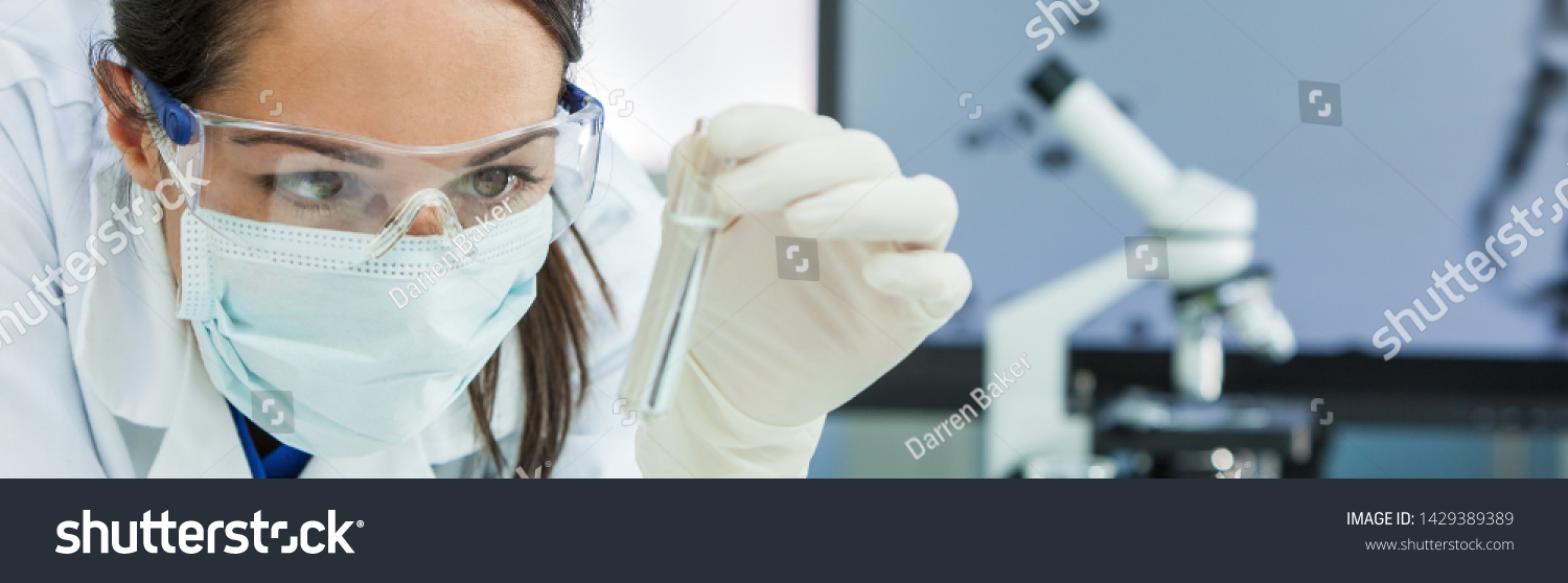 Panoramic web banner female medical or research scientist or doctor using looking at a test tube of clear solution in a lab or laboratory. Header panorama. #1429389389