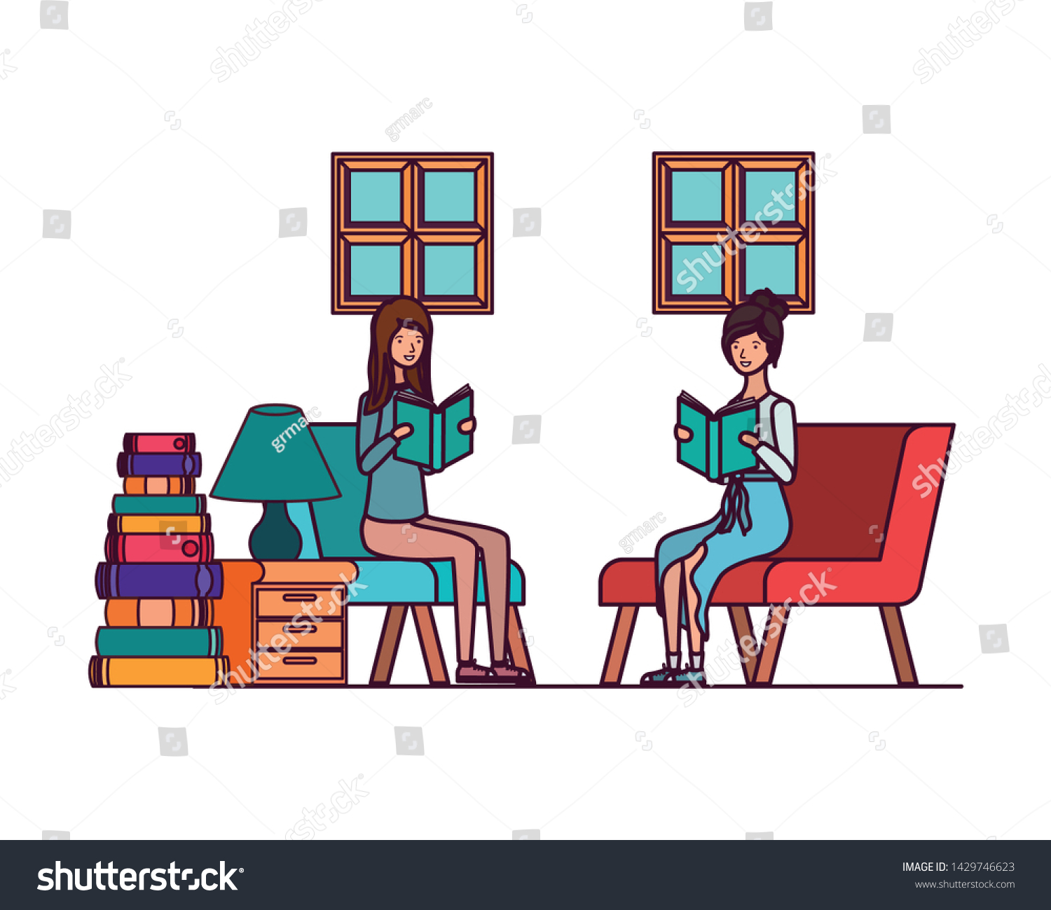 women with book in hands in living room - Royalty Free Stock Vector ...