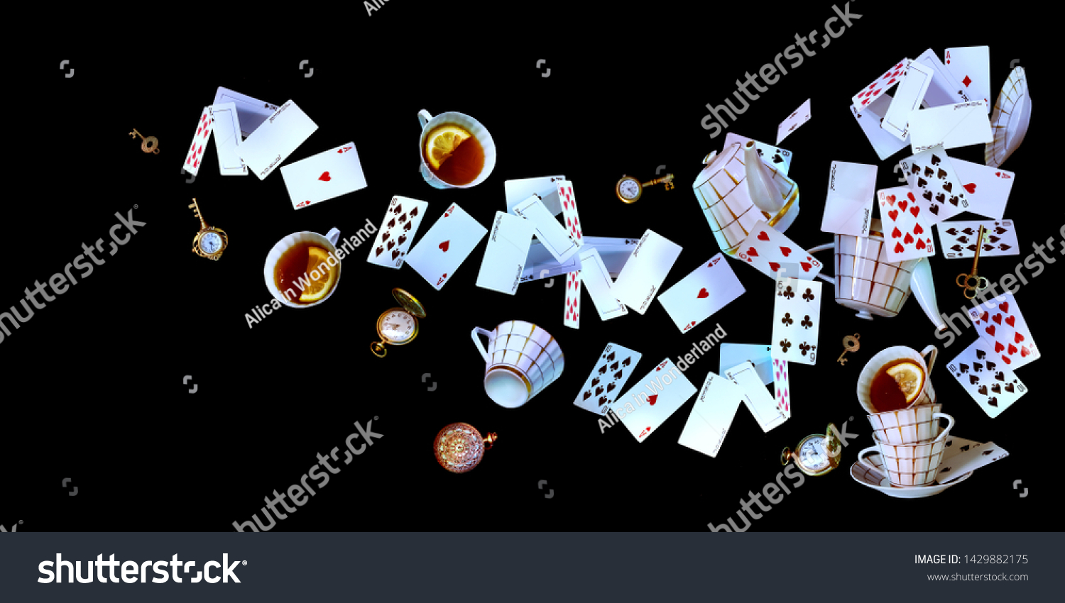 Wonderland background. Mad tea party.Playing cards, pocket watch, key, cup and teapot falling down on black background. Horizontal banner. #1429882175