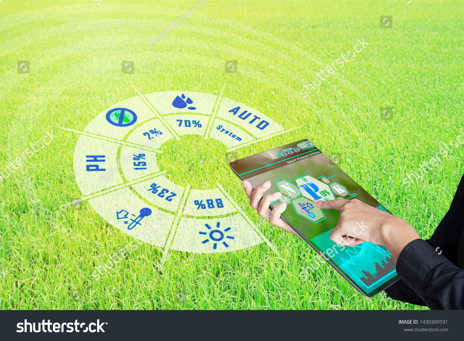 Smart farming with IoT, futuristic agriculture concept : Business woman monitoring all Farm status and situation control with smart device, analysis and report with immersive experience on holographic #1430309591