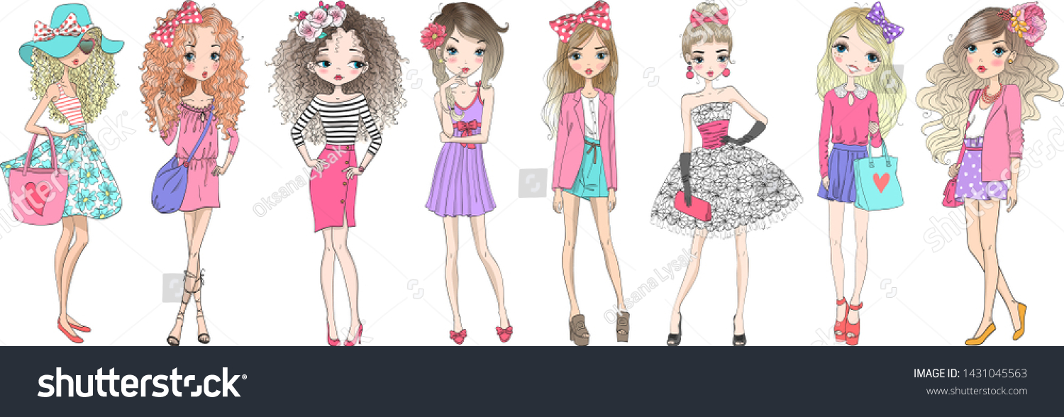 Eight hand drawn beautiful cute cartoon summer fasshion girls. Vector illustration. #1431045563
