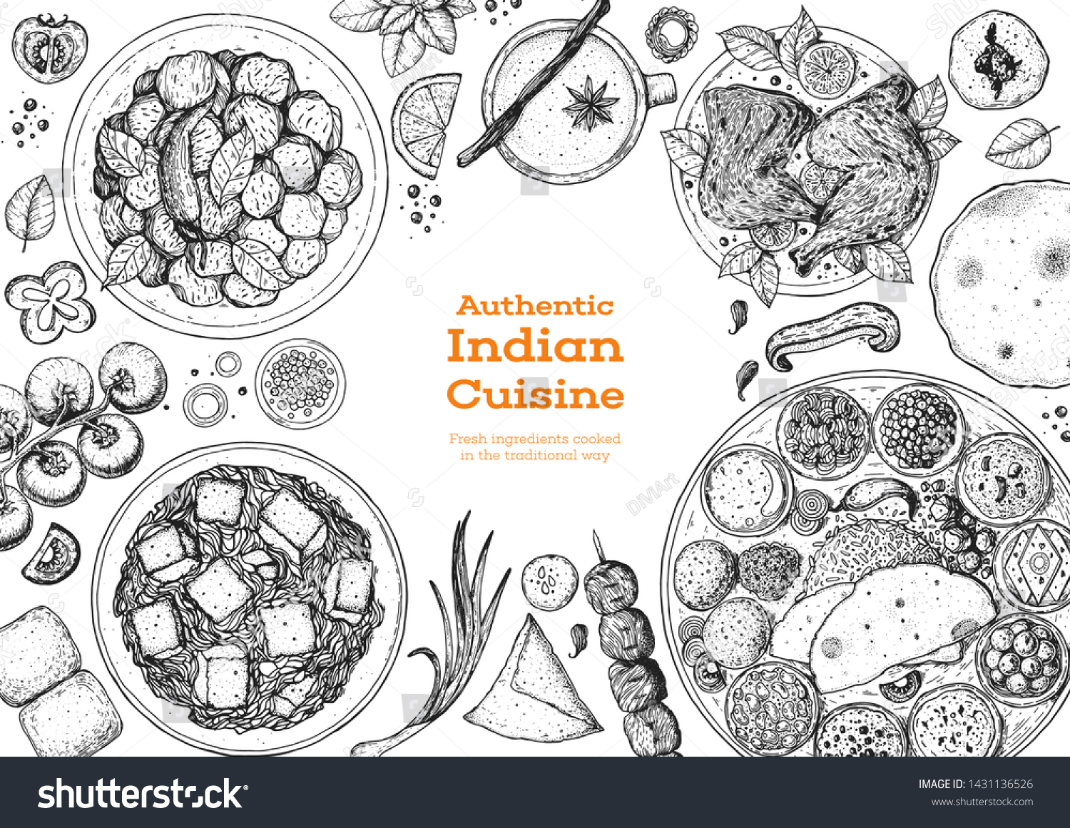 Indian food illustration. Hand drawn sketch. Indian cuisine. Doodle collection. Vector illustration. Menu background. Engraved style.  #1431136526