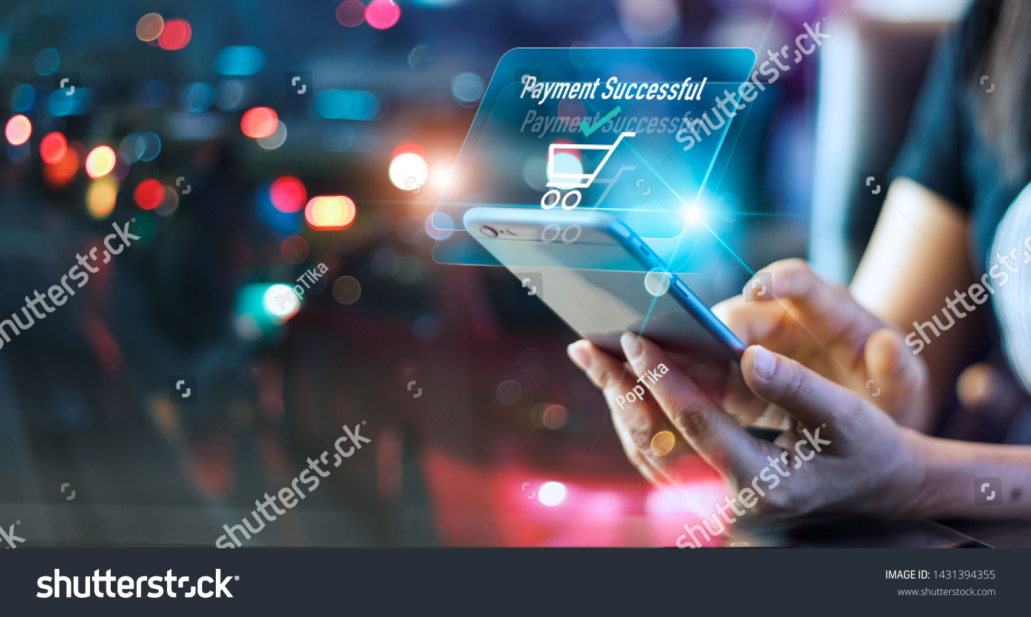 Woman using mobile smart phone, online payment, banking and online shopping in the night light colorful background #1431394355