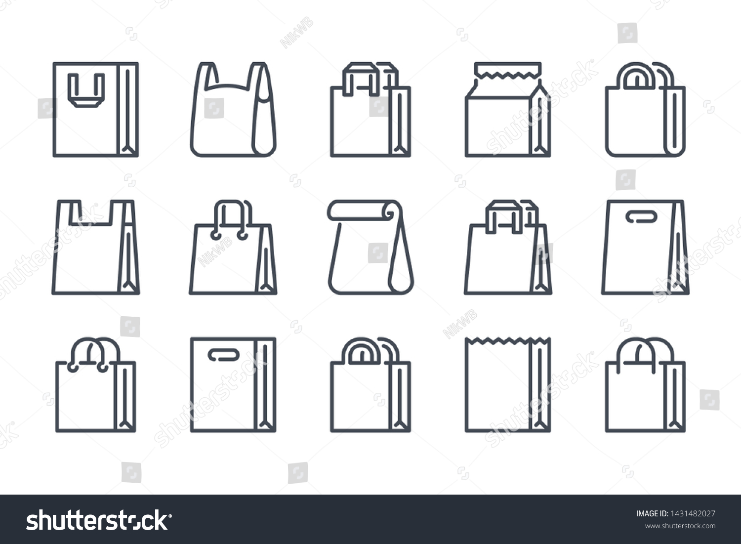 Shopping bag related line icon set. Paper market bag linear icons. Grocery bag outline vector signs and symbols collection. #1431482027