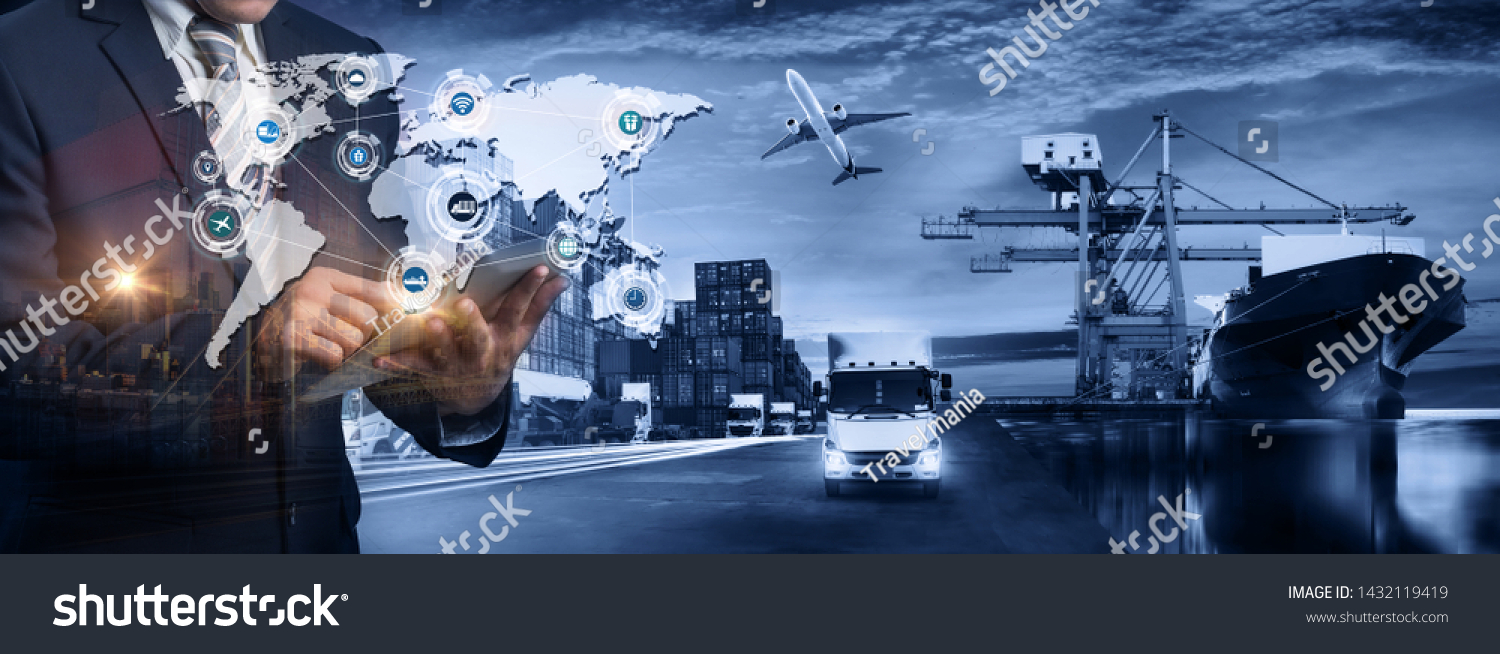 Multiple exposures of Businessman touching tablet for analyze stock at logistics port and world map with logistic network distribution on background, transportation trading business concept,  #1432119419