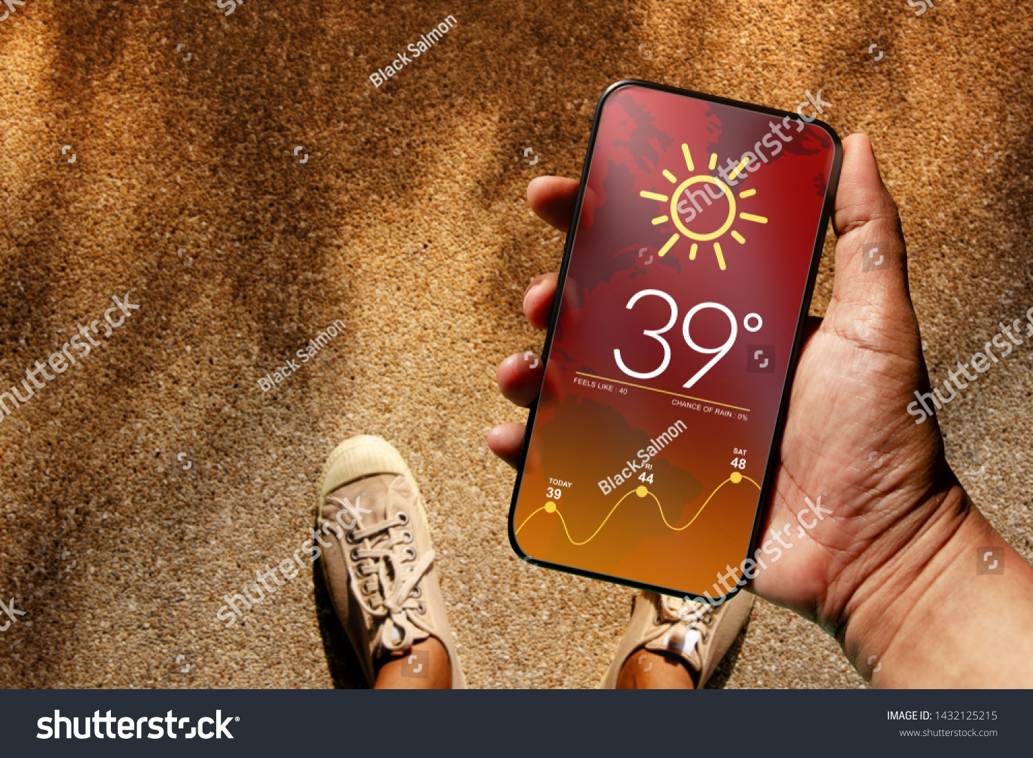 Ecology and Technology Concept. High Temperature Weather show on Mobile Screen on Hot Sunny Day. Top View, Grunge Dirty Concrete Floor with Sunlight as background #1432125215