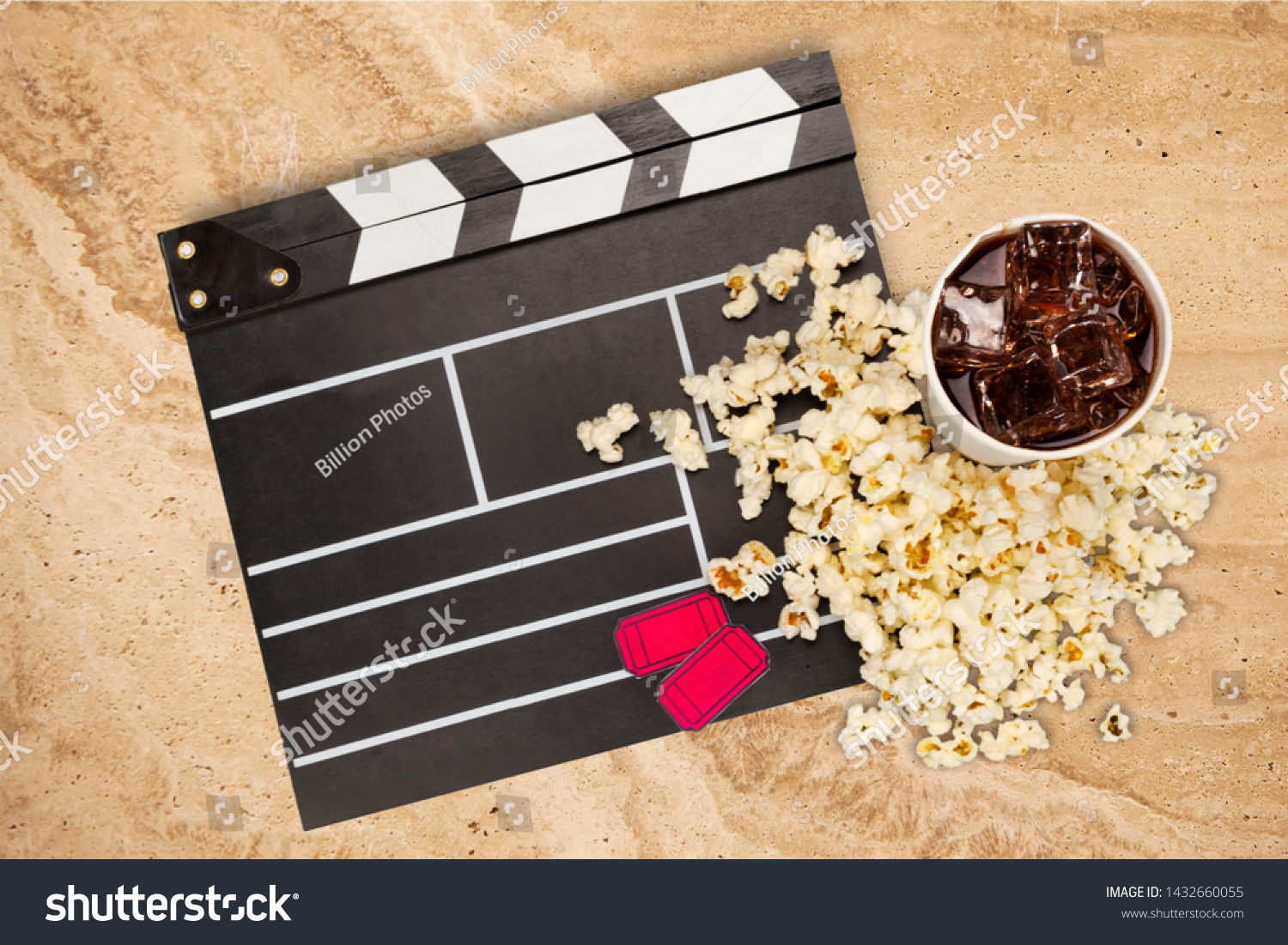Night at the Movies concept, film clipboard and fresh popcorn #1432660055