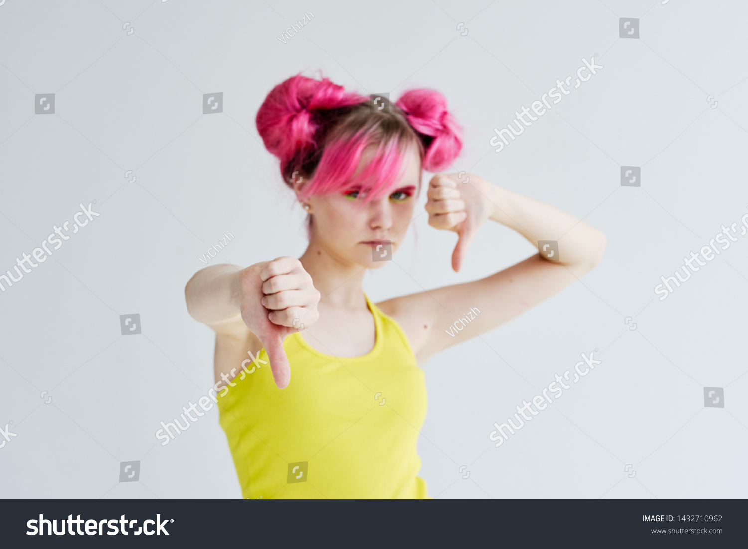 woman with pink hair sad thumb down signs #1432710962