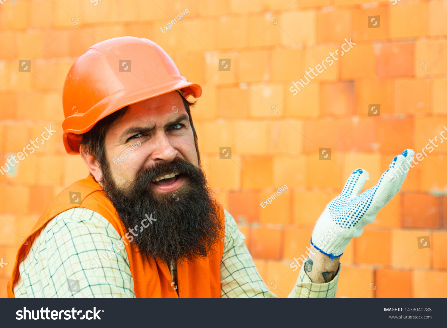 Protest worker. Salary. Unhappy builder. Disturbance. Sad employee. #1433040788