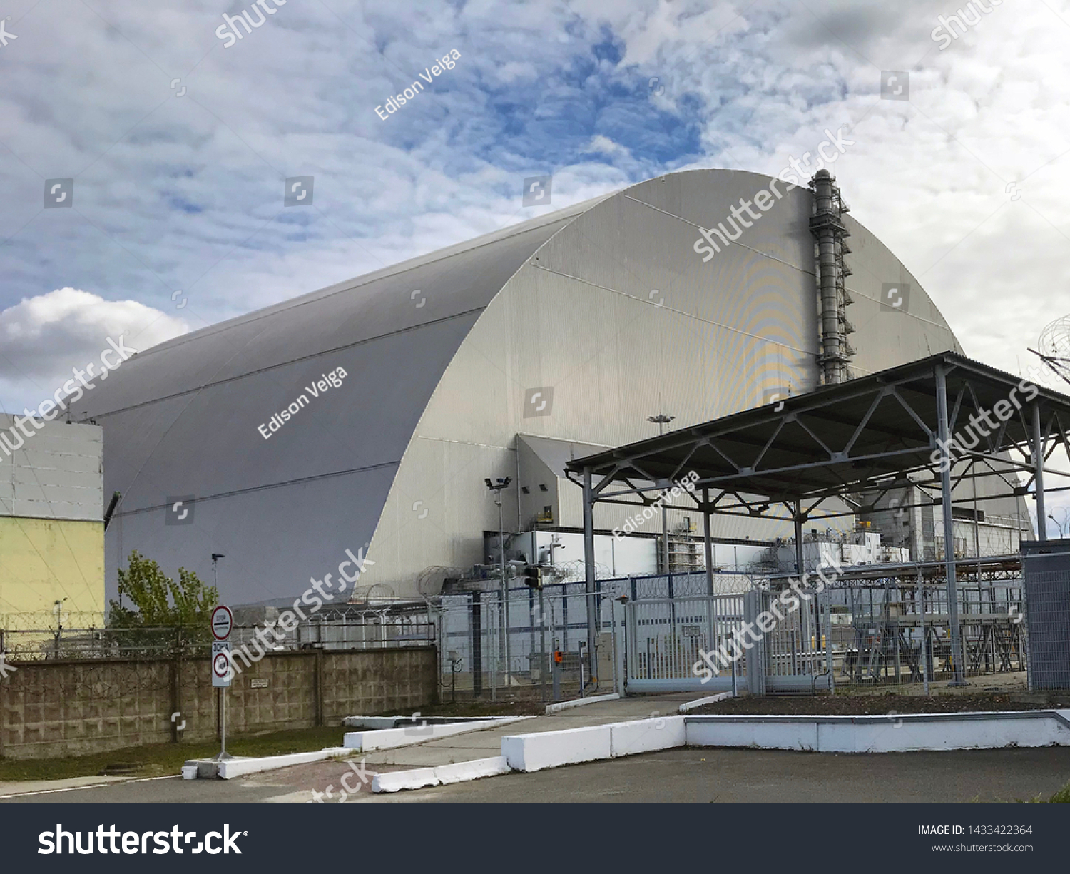 Chernobyl/ Ukraine - October 5 2018: The Chernobyl Nuclear Power Plant sarcophagus or Shelter Structure is a massive steel and concrete structure covering the nuclear reactor.  #1433422364