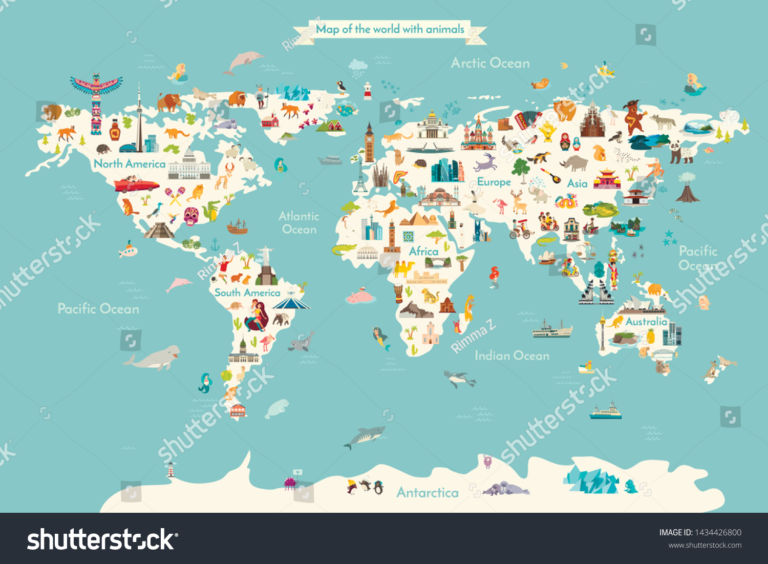 Landmarks world map vector crtoon illustration. Cartoon globe vector illustration. landmarks, signs, animals of countries and continents. Abstract map for learning. Poster, picture, card #1434426800