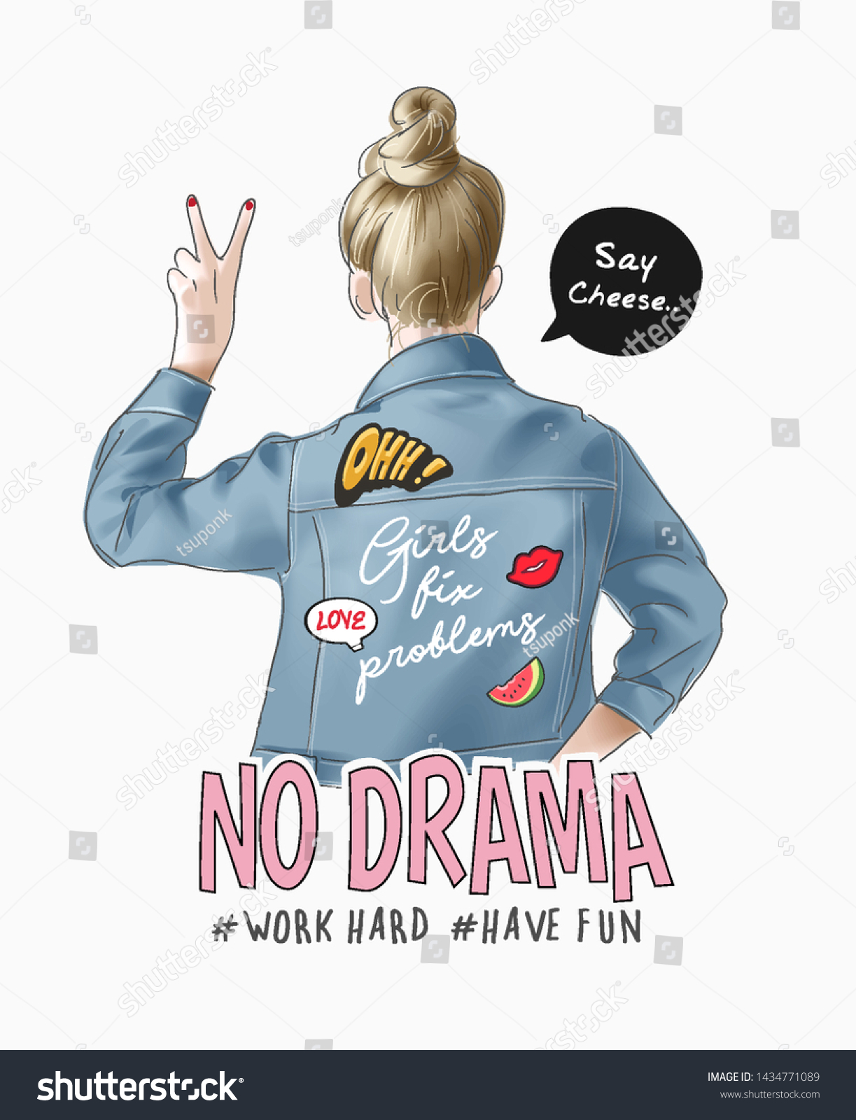 typography slogan with cartoon girl in denim jacket and cute icons illustration #1434771089