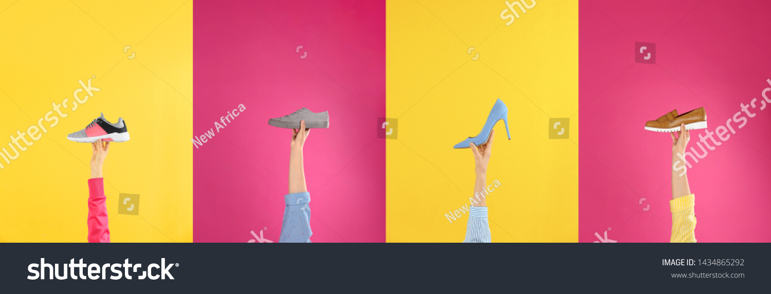 Set of women holding different stylish shoes on color background, closeup #1434865292