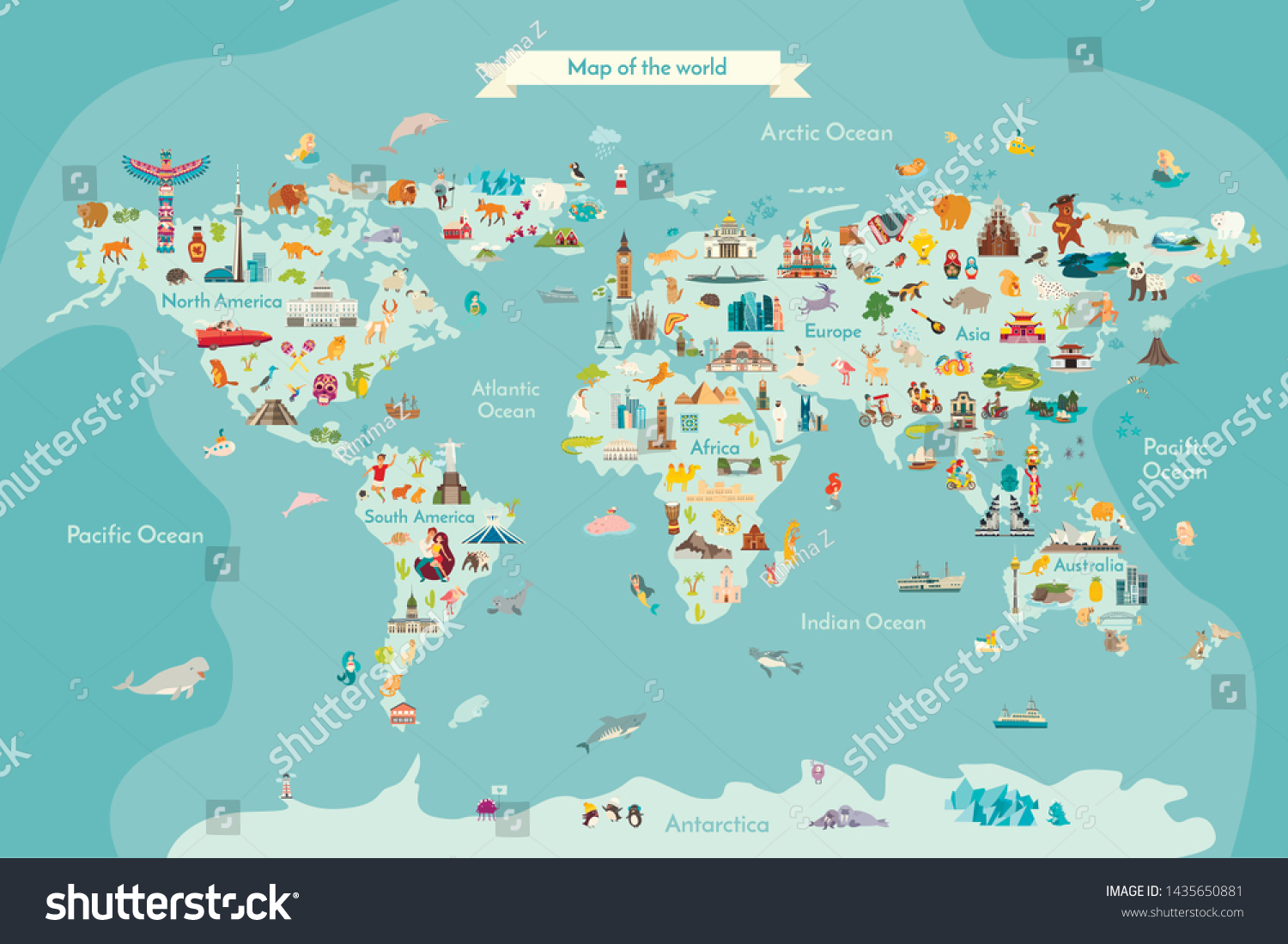 Landmarks world map vector cartoon illustration