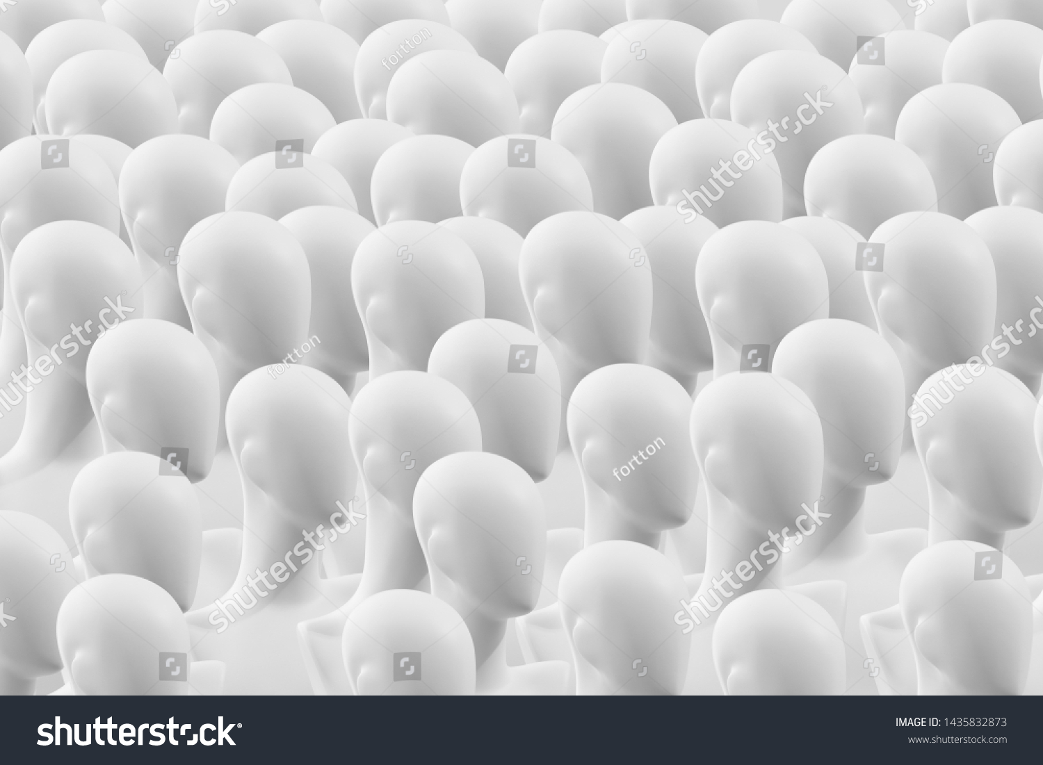 A crowd of people dummies. Concept. Many faceless mannequins heads. People are mannequins. Mannequins without eyes. The concept of human society. #1435832873