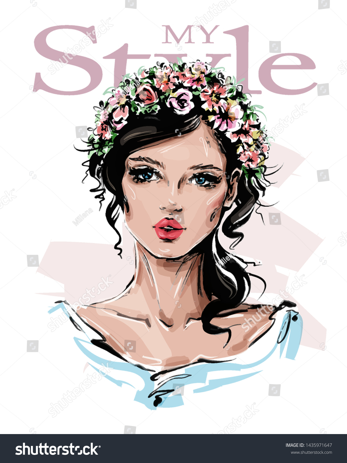 Hand drawn beautiful young woman with flower wreath on her head. Stylish girl. Fashion woman look. Sketch. Vector illustration. #1435971647