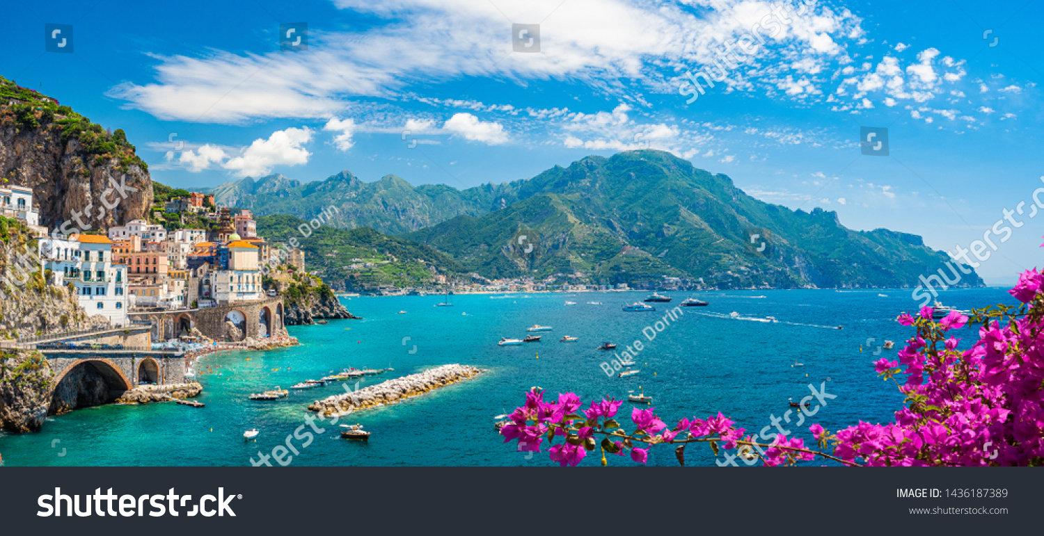 Landscape with Atrani town at famous amalfi coast, Italy #1436187389