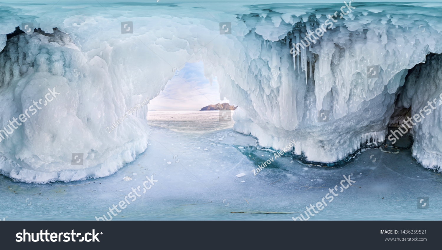 Blue Ice cave grotto on Olkhon Island, Lake Baikal, covered with icicles. Spherical panorama 360vr #1436259521