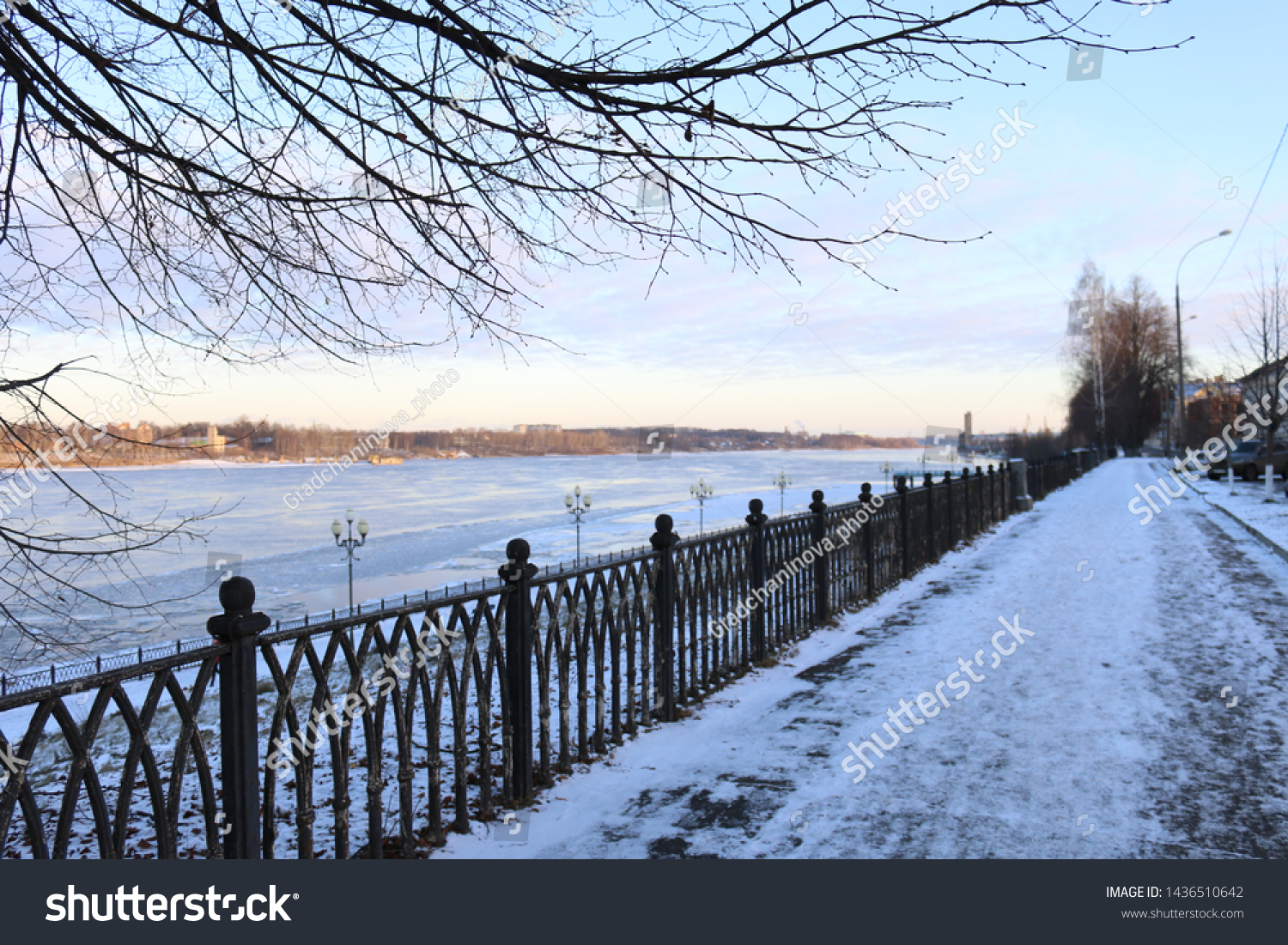 The Volga river embankment in the city of Rybinsk, Yaroslavl region early winter of 2018. Russia #1436510642