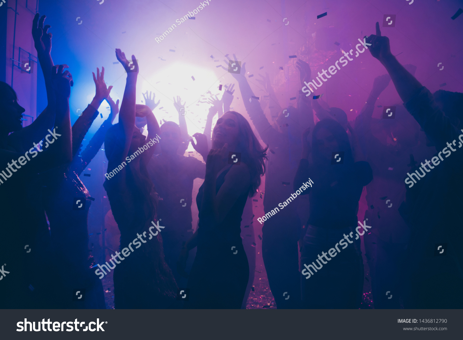 Nice attractive stylish cheerful cheery positive carefree guys ladies having fun hanging out best summer year student festive in new cool bar modern place indoors #1436812790