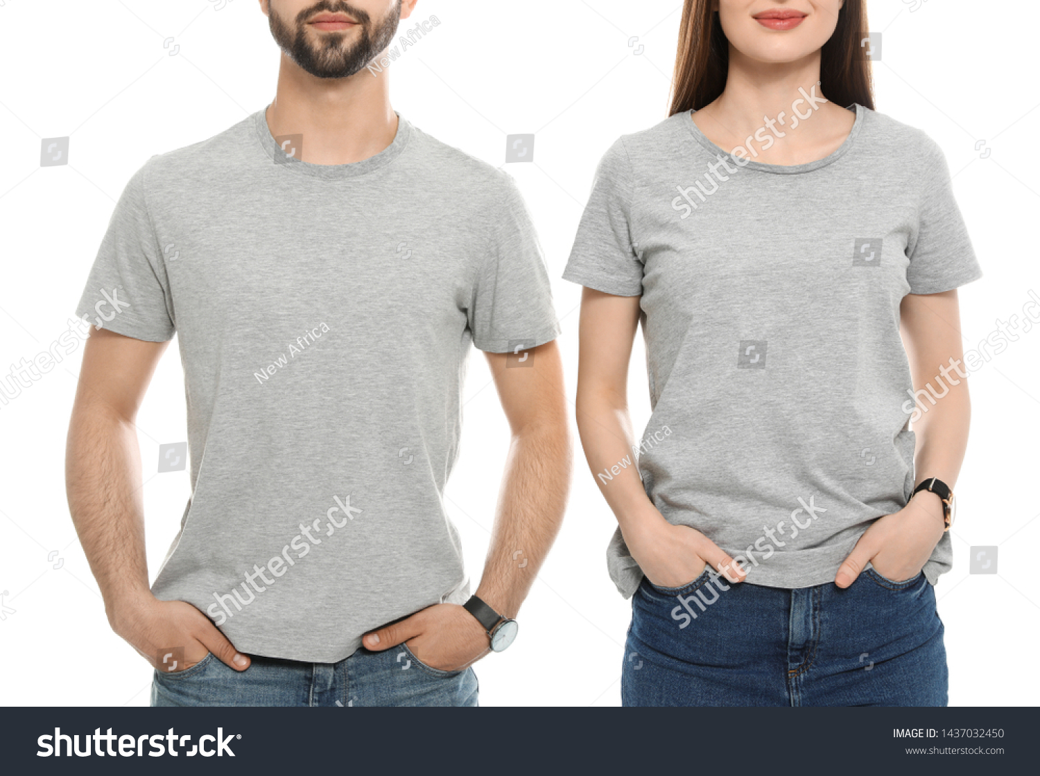 Young people in t-shirts on white background, closeup. Mock up for design #1437032450