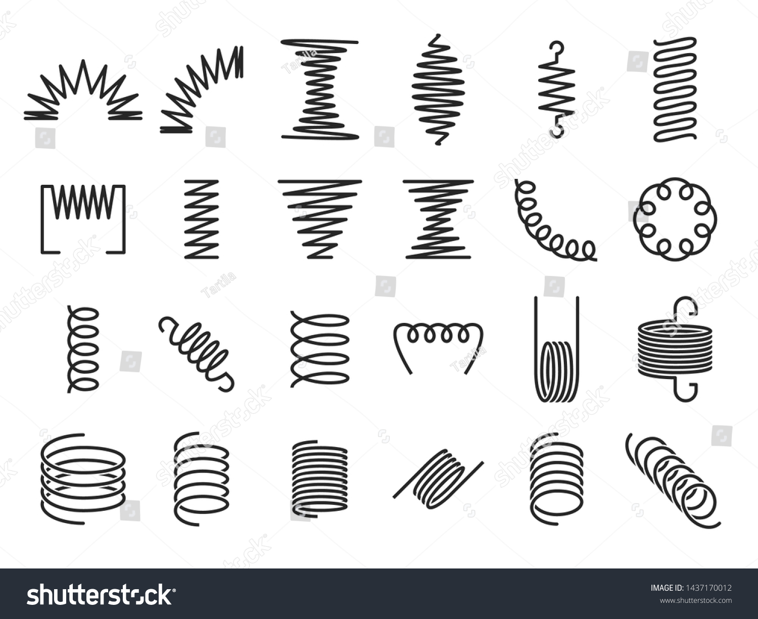 Spring coils. Metal spiral springs, metallic coil and linear spirals silhouette. Vape or machine steel coil, twisted spiral flexibility spring part. Isolated vector icon set #1437170012
