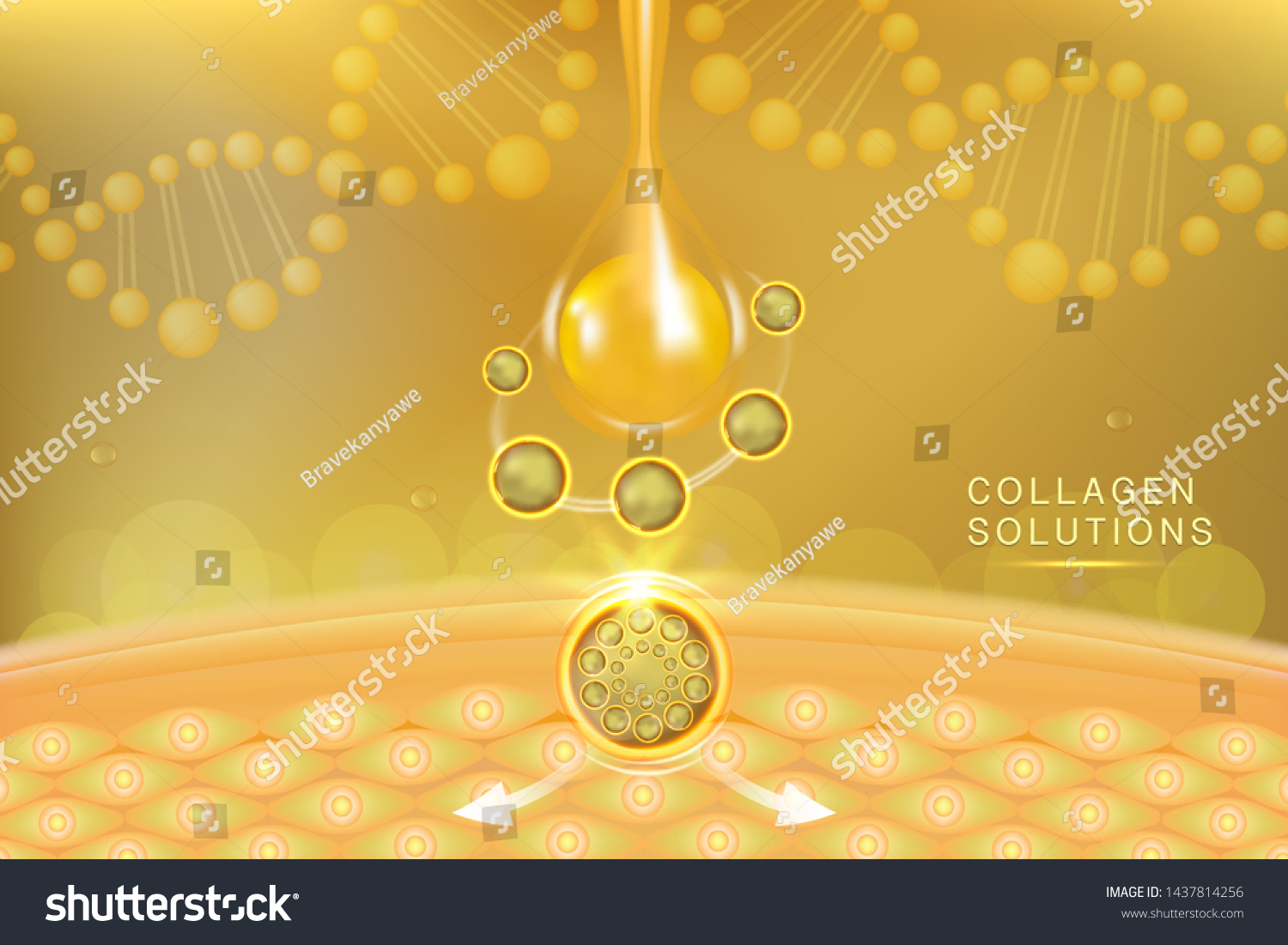Hyaluronic acid skin solutions ad, gold collagen serum drop with cosmetic advertising background ready to use, illustration vector. #1437814256