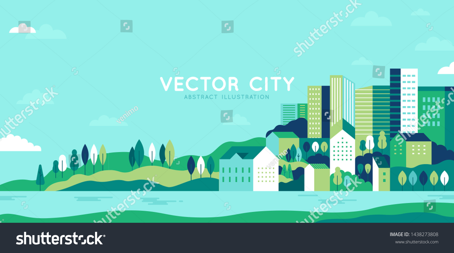 Vector illustration in simple minimal geometric flat style - city landscape with buildings, hills and trees - abstract horizontal banner and background with copy space for text - header images for web
