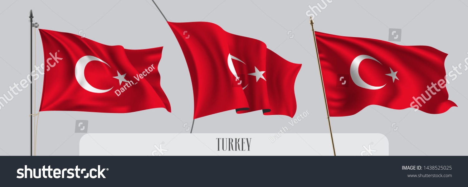 Set of Turkey waving flag on isolated background vector illustration. 3 red Turkish  wavy realistic flag as a patriotic symbol  #1438525025