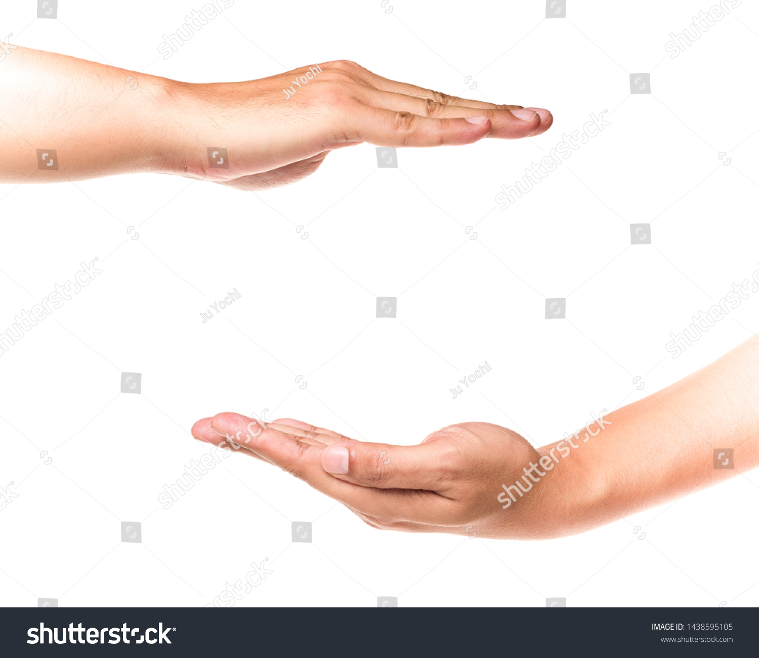 Hands showing gestures, protection or measuring size of something. Isolated background. #1438595105