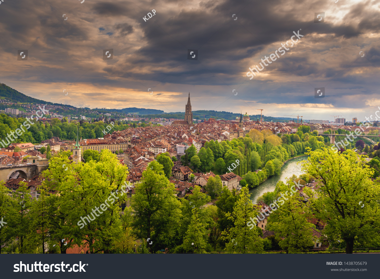 Cityscape Capital City of Bern, Switzerland, Panoramic Scenery Old Town City View and Swiss Architectural Historical Building in Bern. Architecture Housing and Residential at Sunset Scene of Berne #1438705679