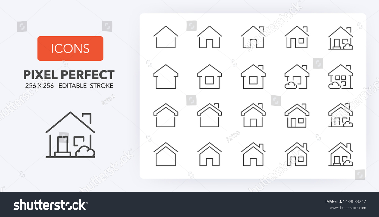 Set of thin line icons of homes and real estate. Outline symbol collection. Editable vector stroke. 256x256 Pixel Perfect scalable to 128px, 64px... #1439083247