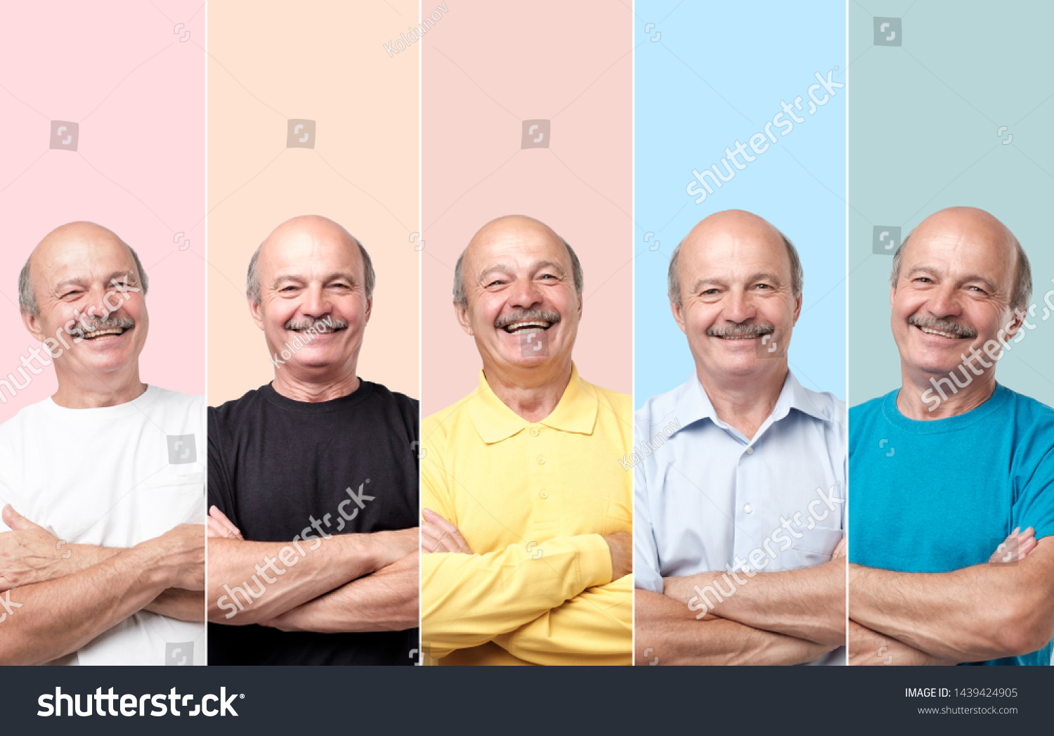 Horizontal collage portrait of senior man in different clothes laughing and looking with smile at camera. Try different color of clothes. #1439424905