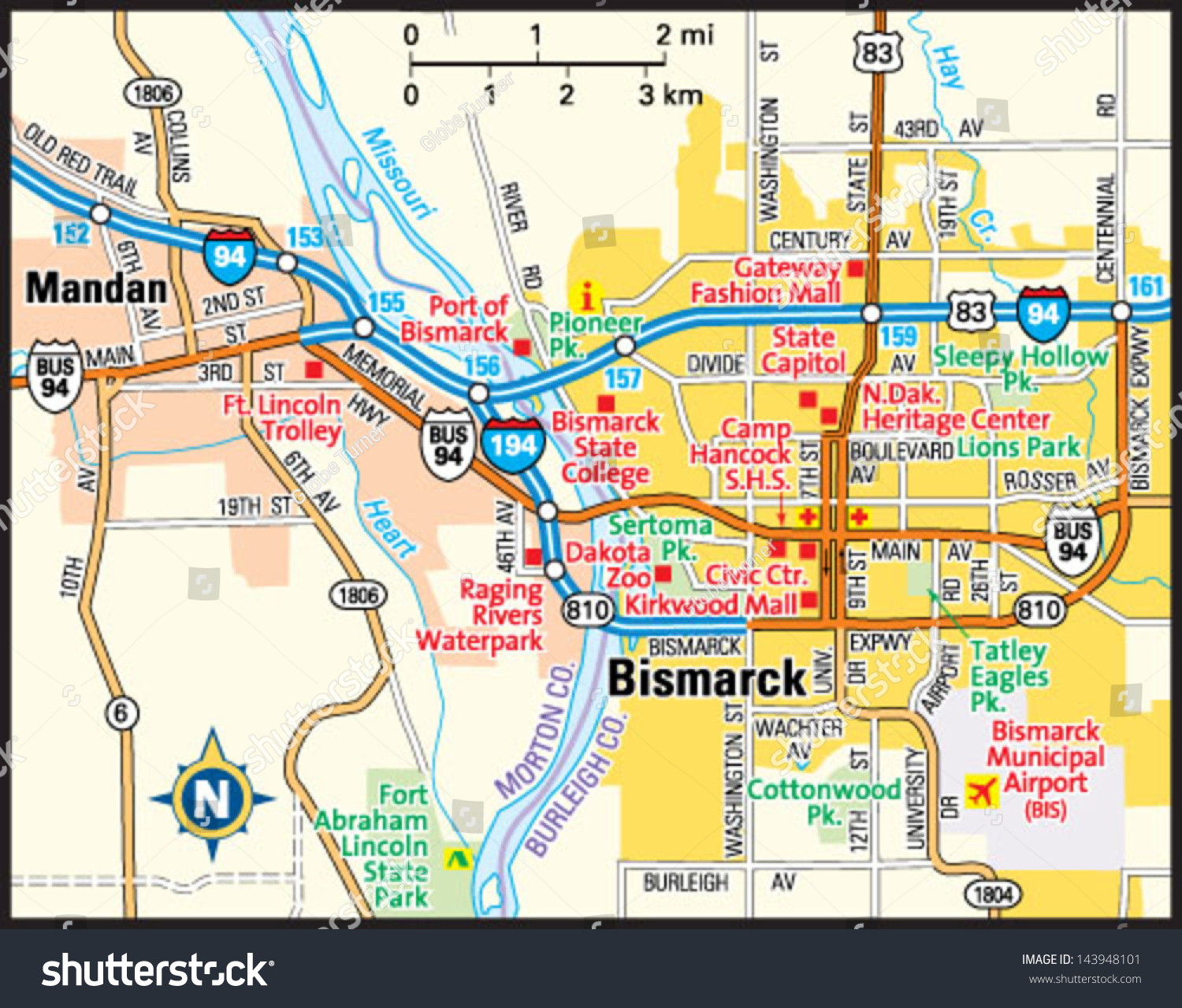 Bismarck, North Dakota area map - Royalty Free Stock Vector 143948101 ...