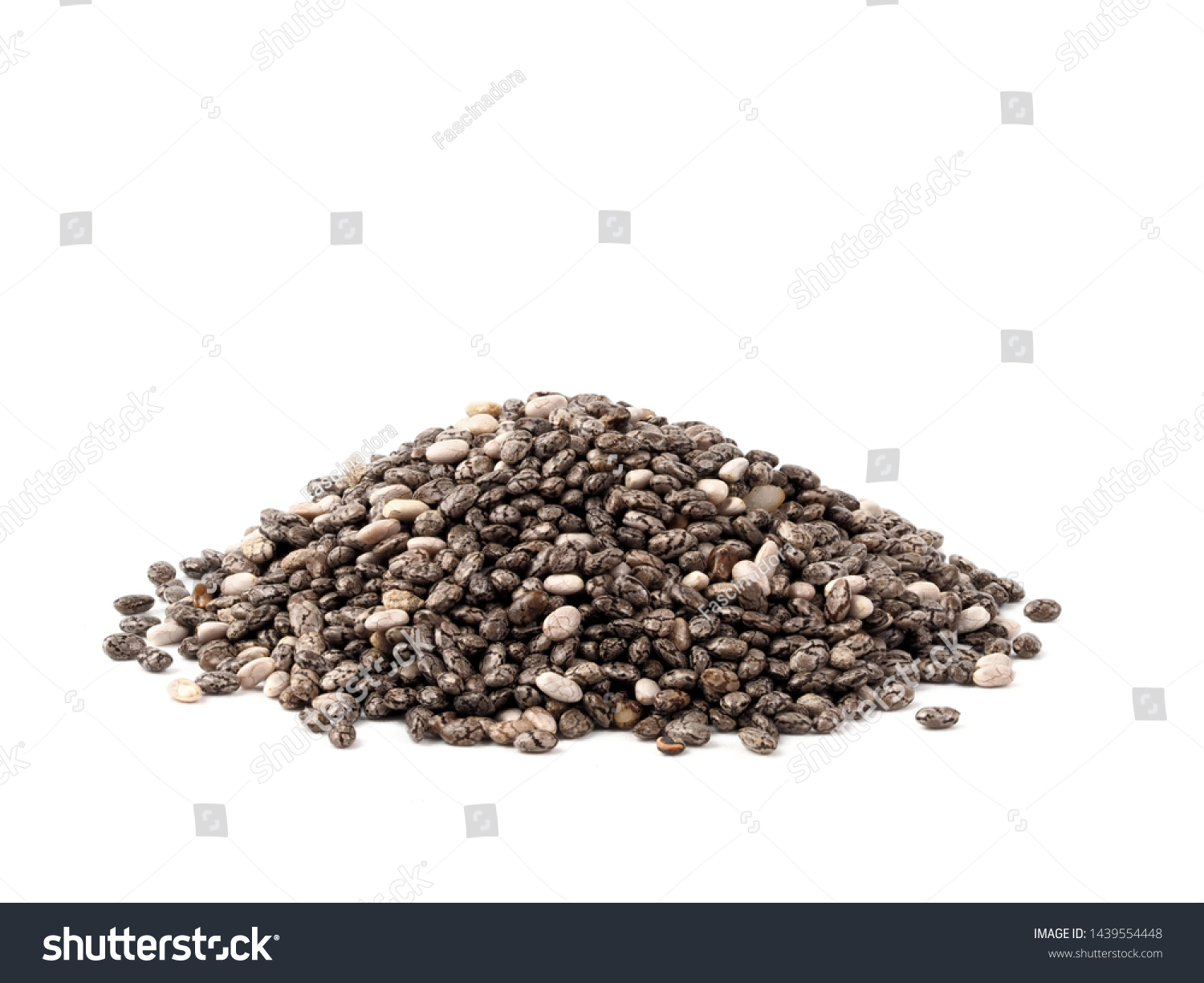 chia seeds on white background. Pile of healthy chia seeds Isolated on white with clipping path. #1439554448