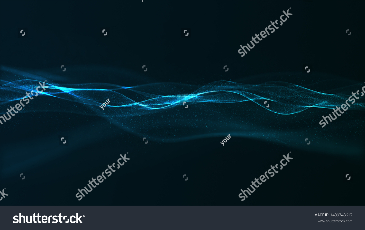 Abstract digital blue color wave with flowing small particles dance motion on wave and light abstract background. 3D illustration #1439748617