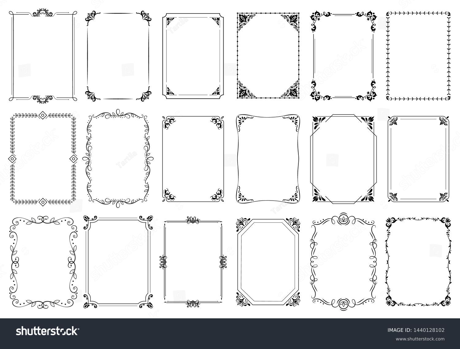 Decorative frames. Retro ornamental frame, vintage rectangle ornaments and ornate border. Decorative wedding frames, antique museum picture borders or deco devider. Isolated icons vector set #1440128102