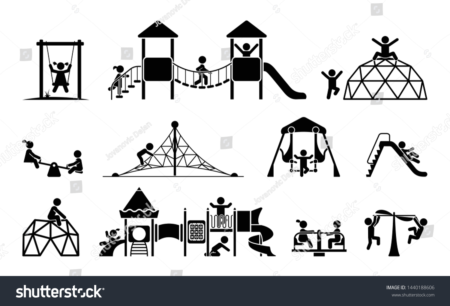 Children play on playground. Kid playground equipment icons. Childhood pictogram icon set. #1440188606