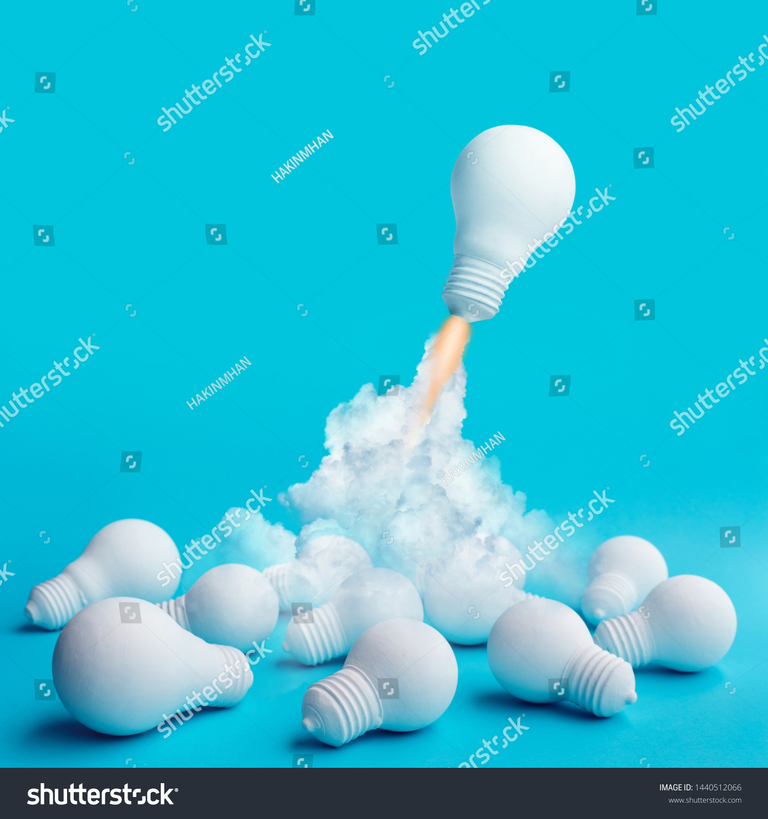 Ideas inspiration concepts with rocket lightbulb flying on group of another lightbulb.Business start up or goal to success. creativity of human #1440512066