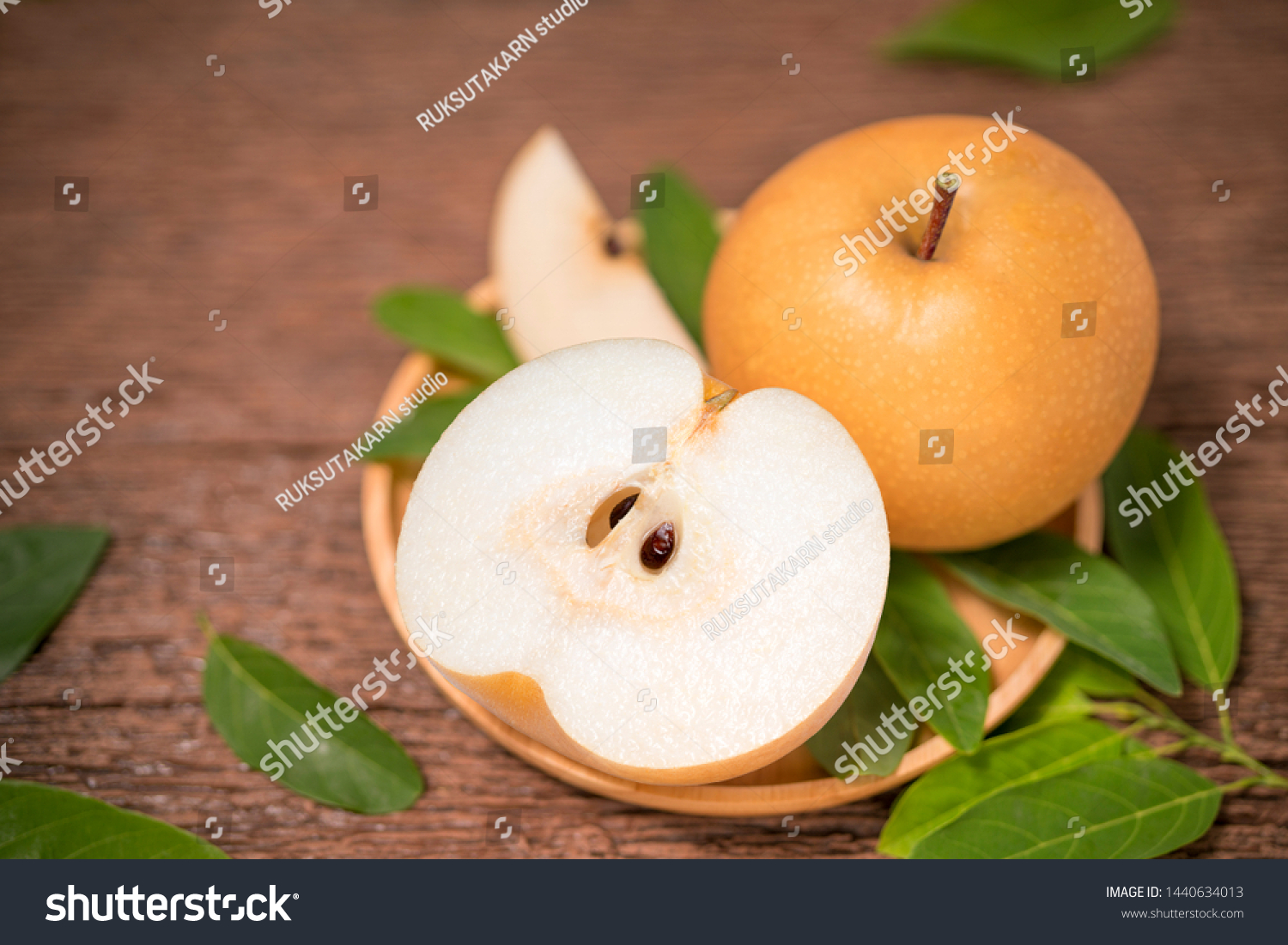 Snow pear or Korean pear on a wooden background, Nashi pear fruits delicious and sweet #1440634013
