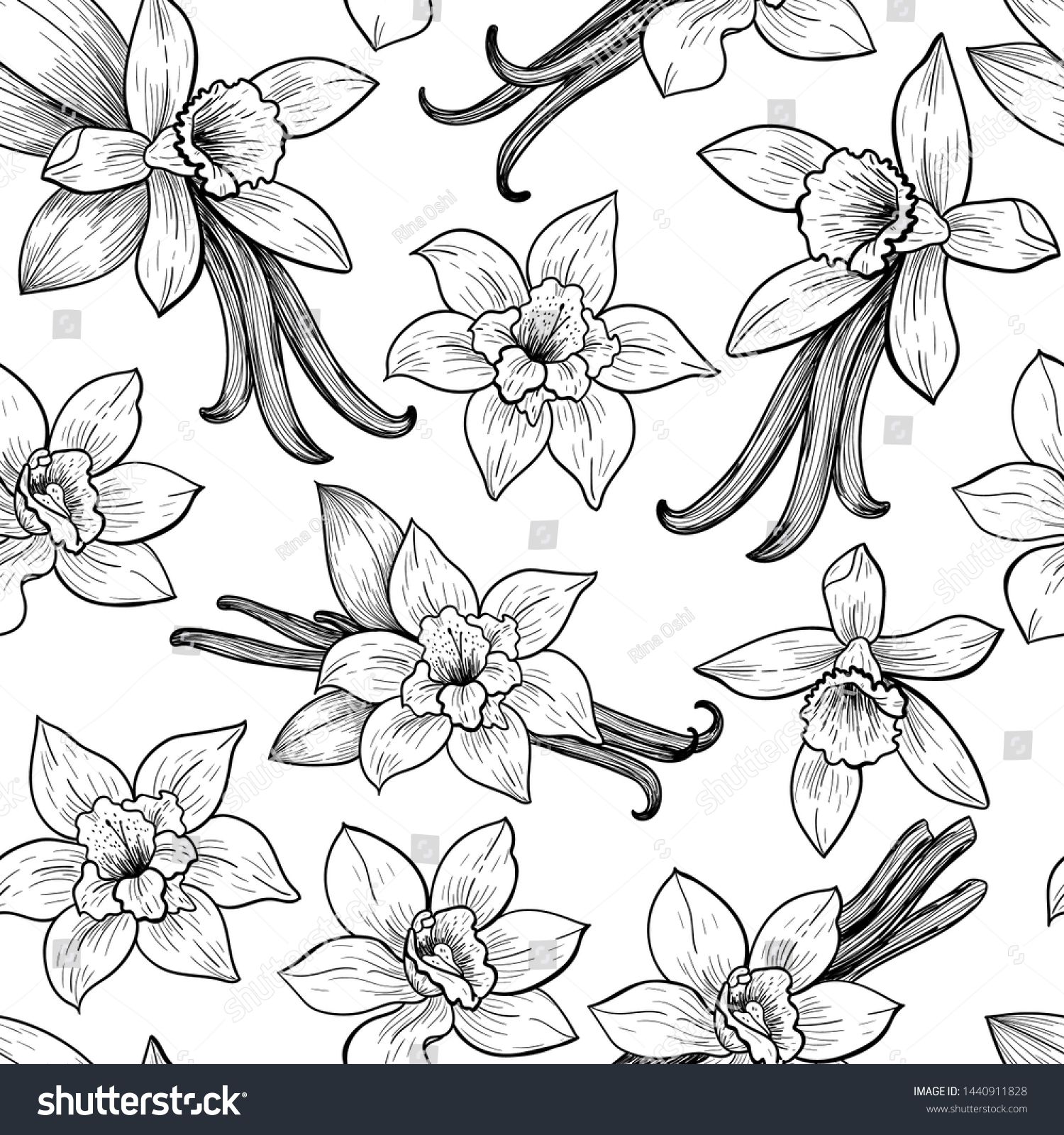 Vanilla flowers and pods. Vector seamless pattern. Vintage style #1440911828