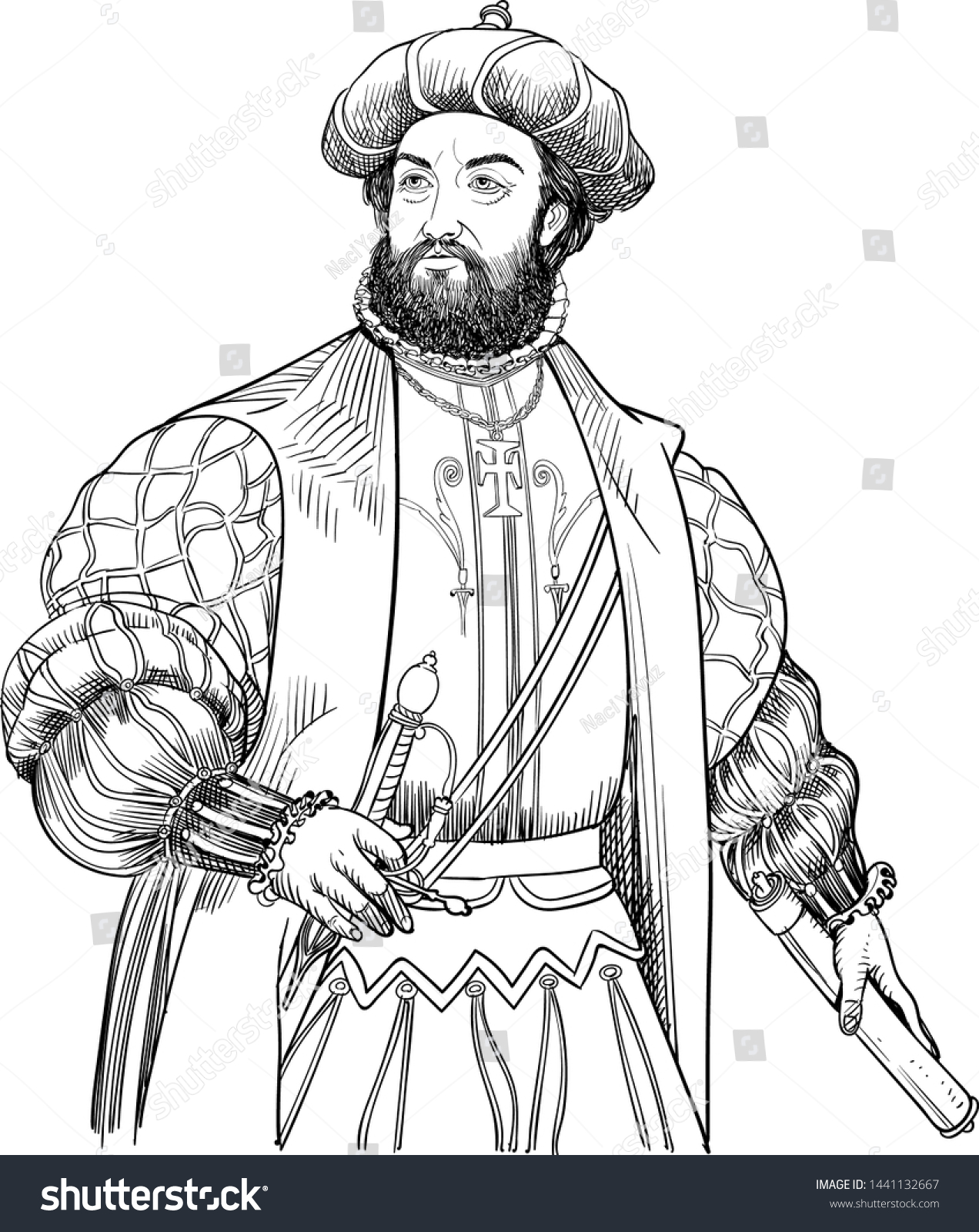 Vasco da Gama portrait in line art illustration. - Royalty Free Stock ...