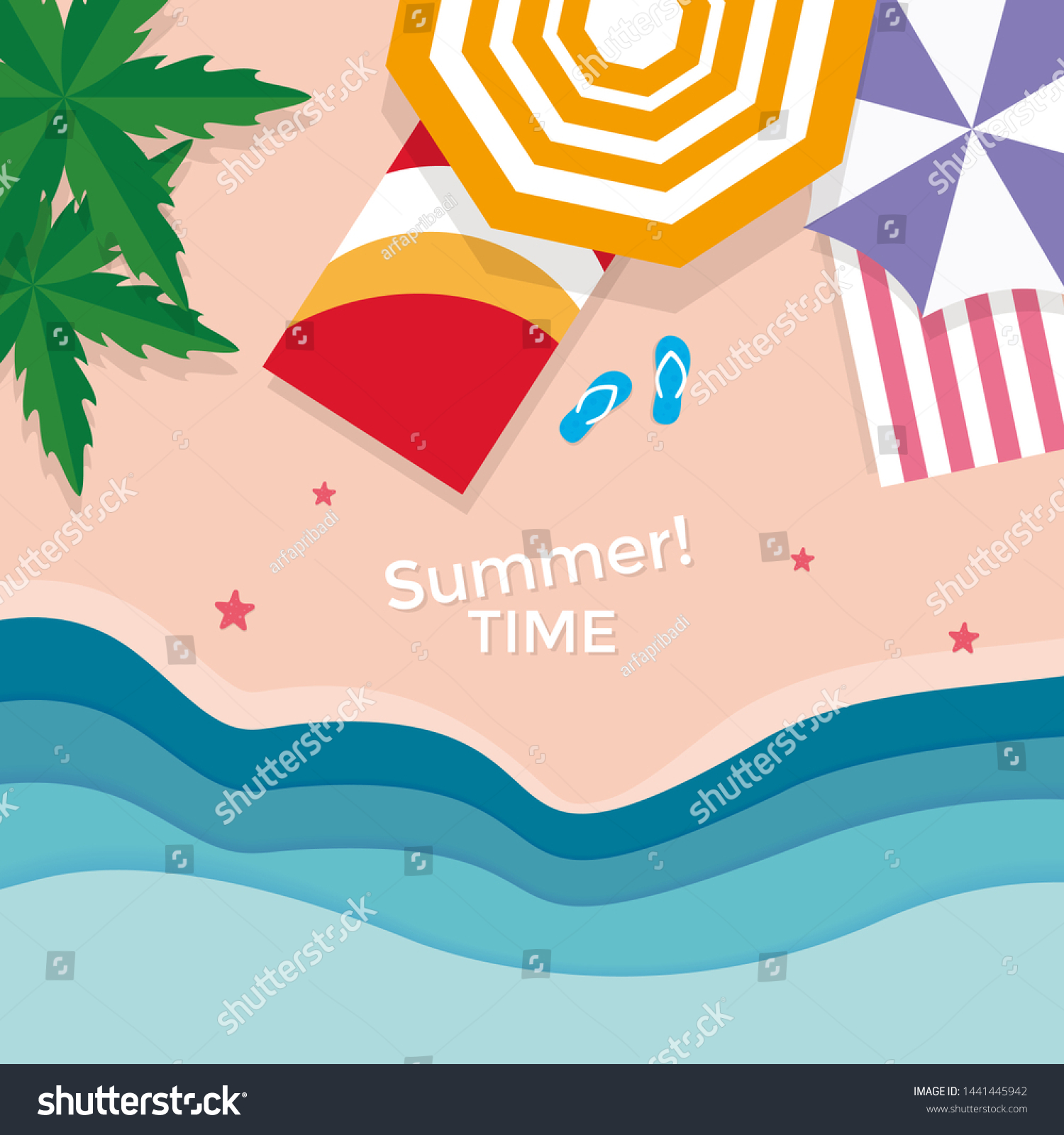 View Beach Background With Umbrellasballsswim Royalty Free Stock Vector 1441445942 0475