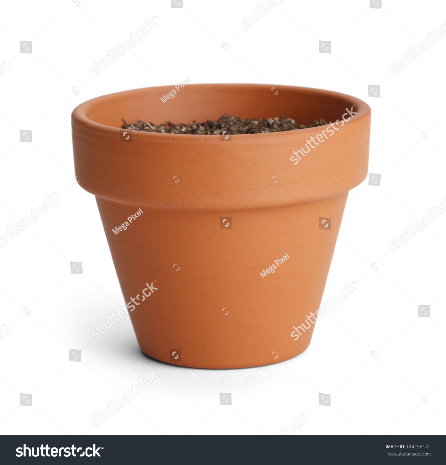 Orange Terracotta Pot with Soil Isolated on White Background. #144198172