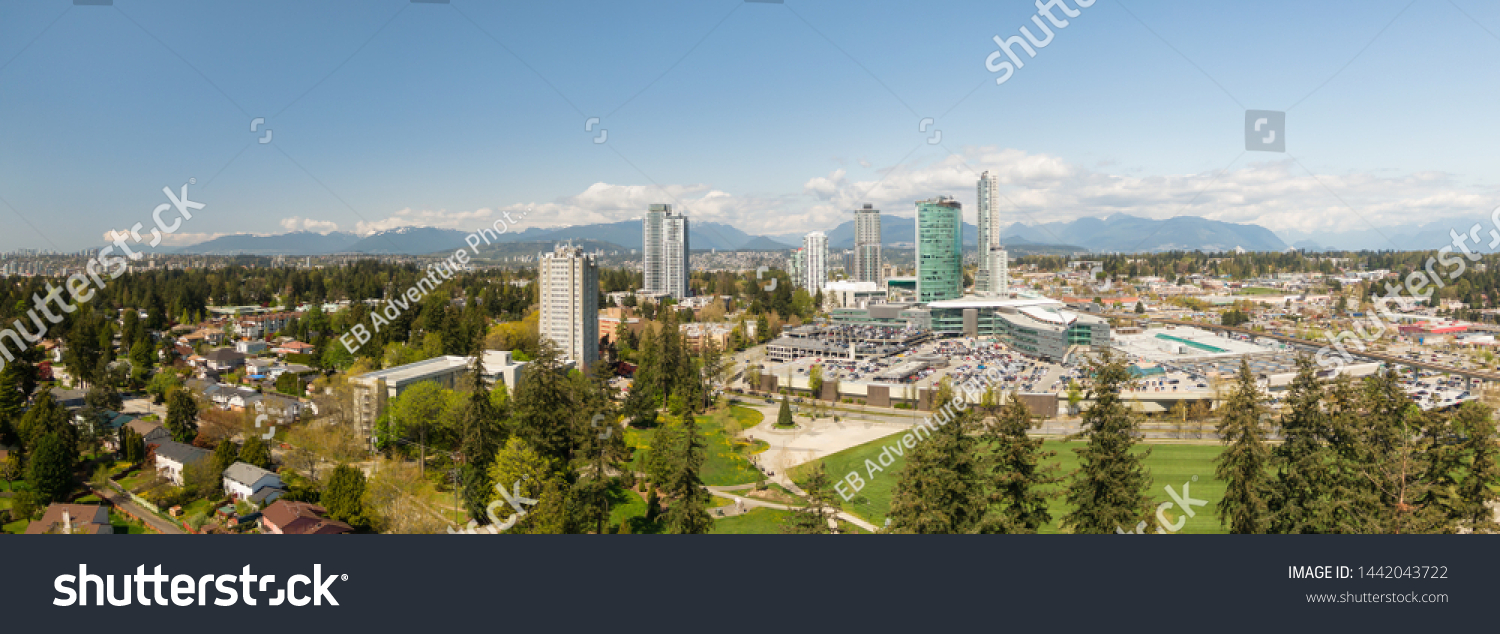 Panoramic view of Surrey Central Mall during a sunny day. Taken in Greater Vancouver, British Columbia, Canada. #1442043722