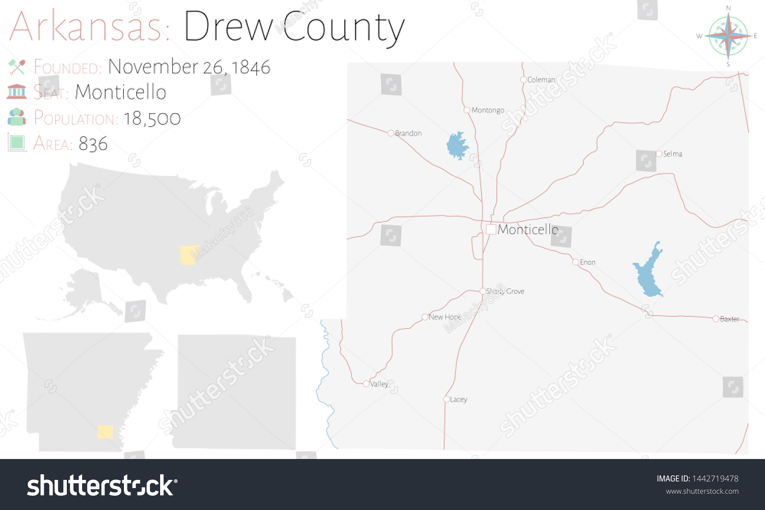 Large And Detailed Map Of Drew County In Royalty Free Stock Vector 1442719478 3302
