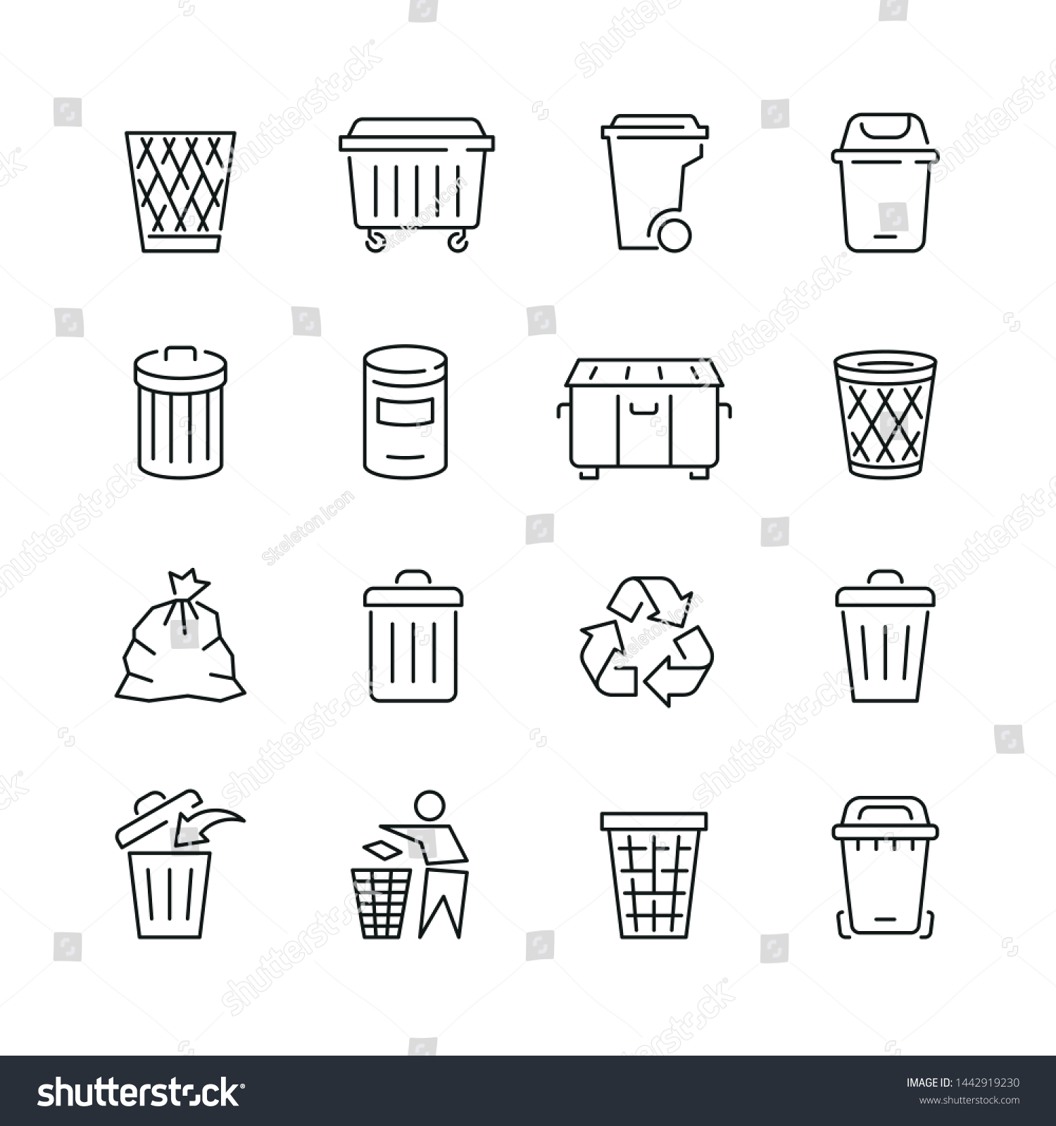 Trash can related icons: thin vector icon set, black and white kit #1442919230