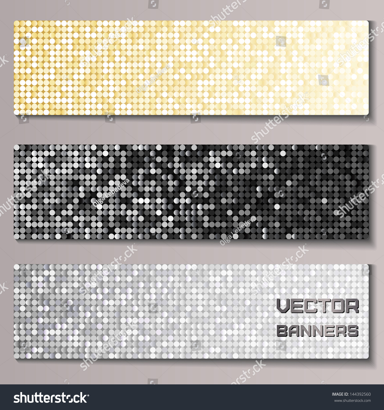 Set of banners with shiny metallic paillettes. Silver, golden, black background. Eps10 vector illustration #144392560