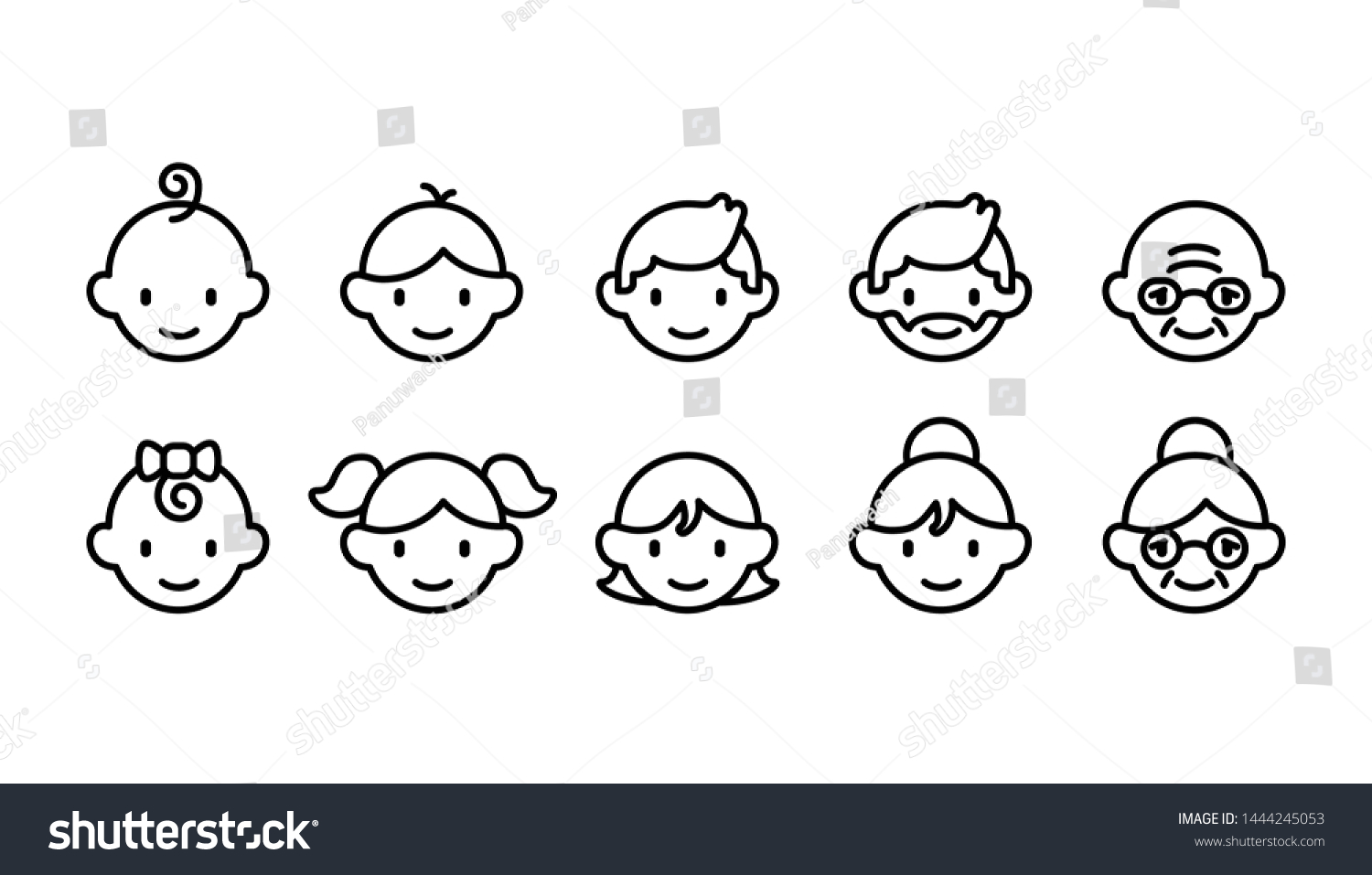 Icon set of different age groups of people from baby to elder (Cute simple art style)  #1444245053